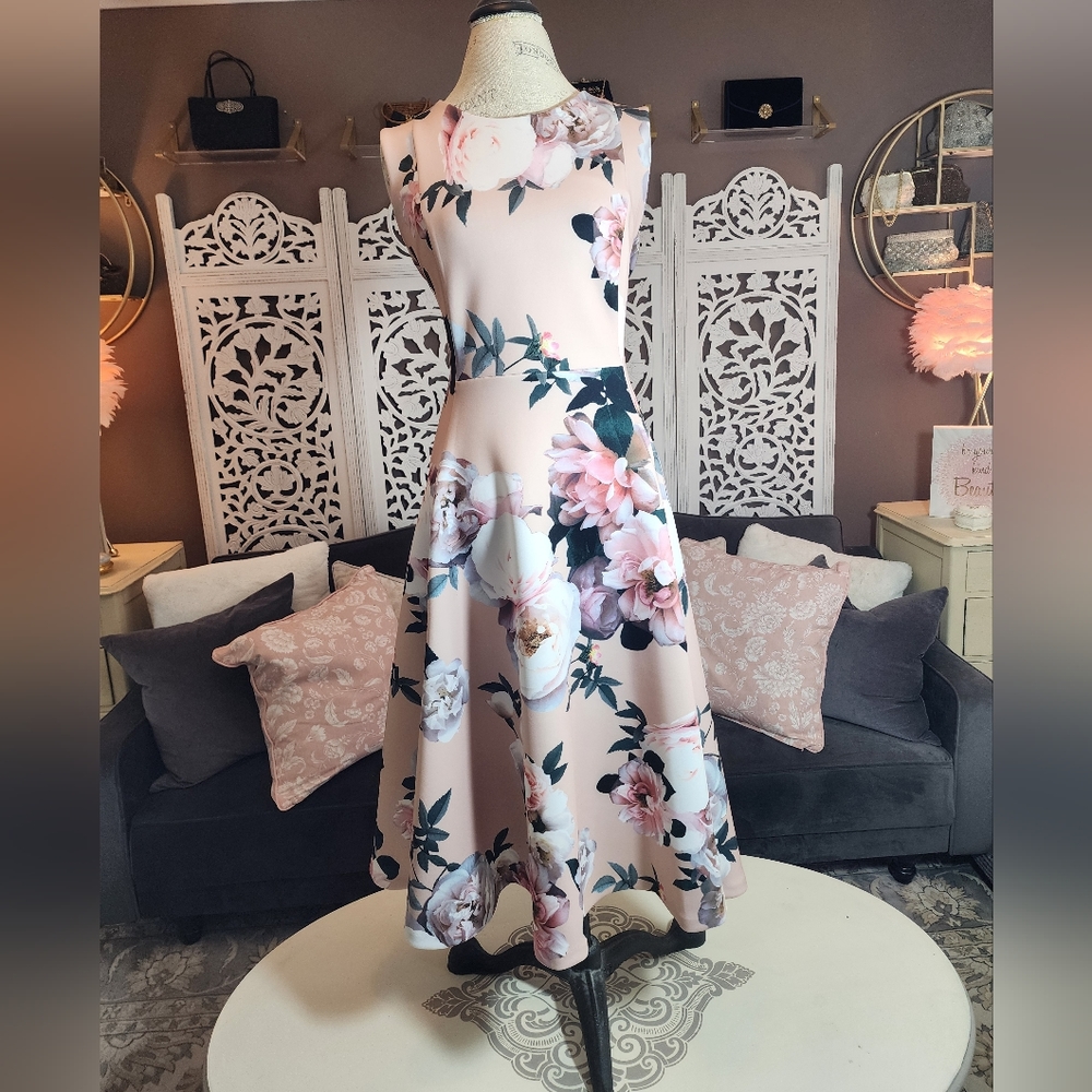 NWOT Calvin Klein Fit and Flare Dress, Size 14, Blush Pink Floral